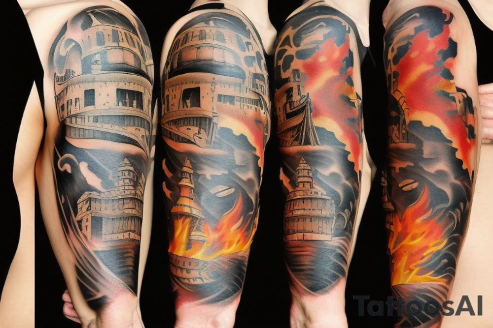 Spanish ship on fire tattoo idea