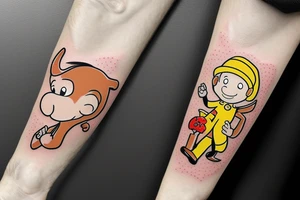 Curious George floating down on an umbrella tattoo idea