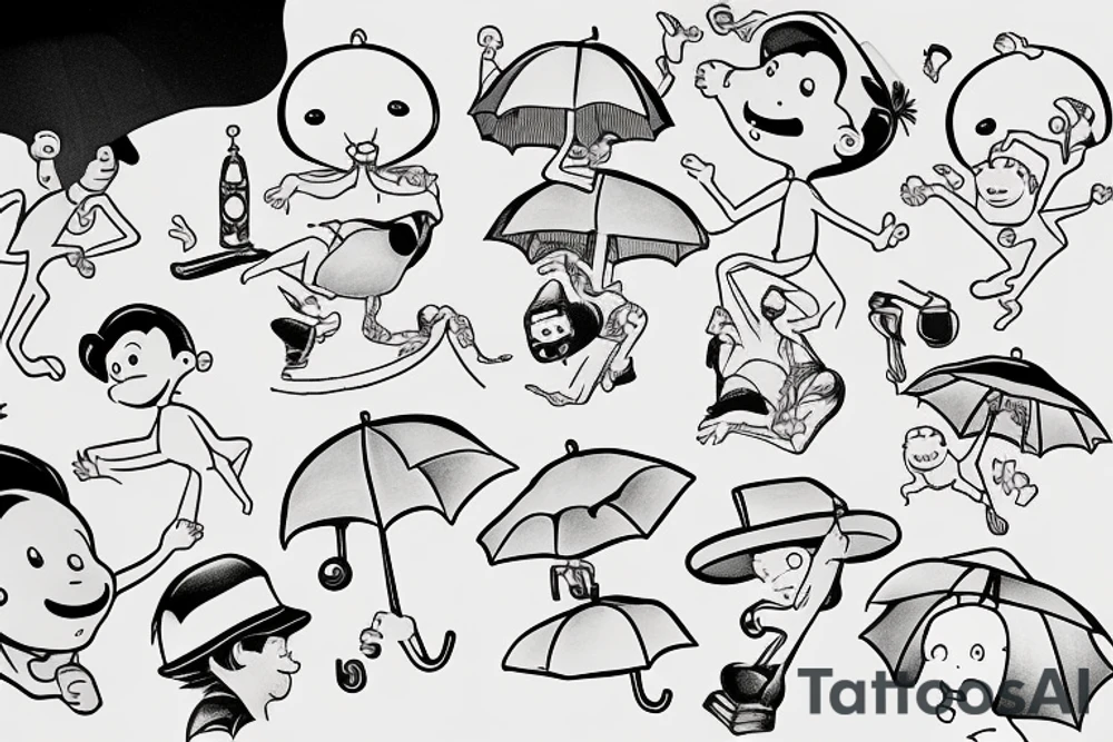Curious George floating down on an umbrella tattoo idea