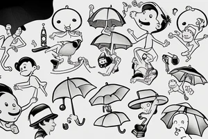 Curious George floating down on an umbrella tattoo idea