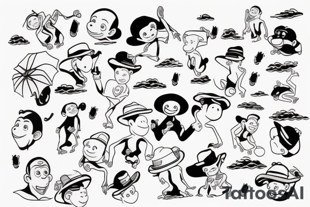 Curious George floating down on an umbrella tattoo idea