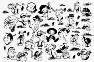 Curious George floating down on an umbrella tattoo idea