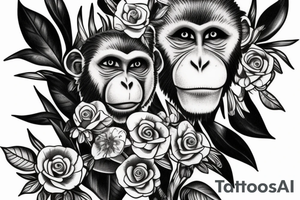 Monkey holding an bouquet of flowers tattoo idea