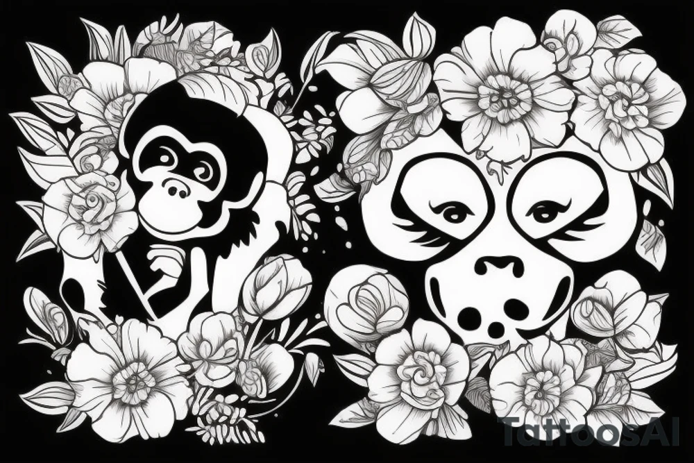 Monkey holding an bouquet of flowers tattoo idea