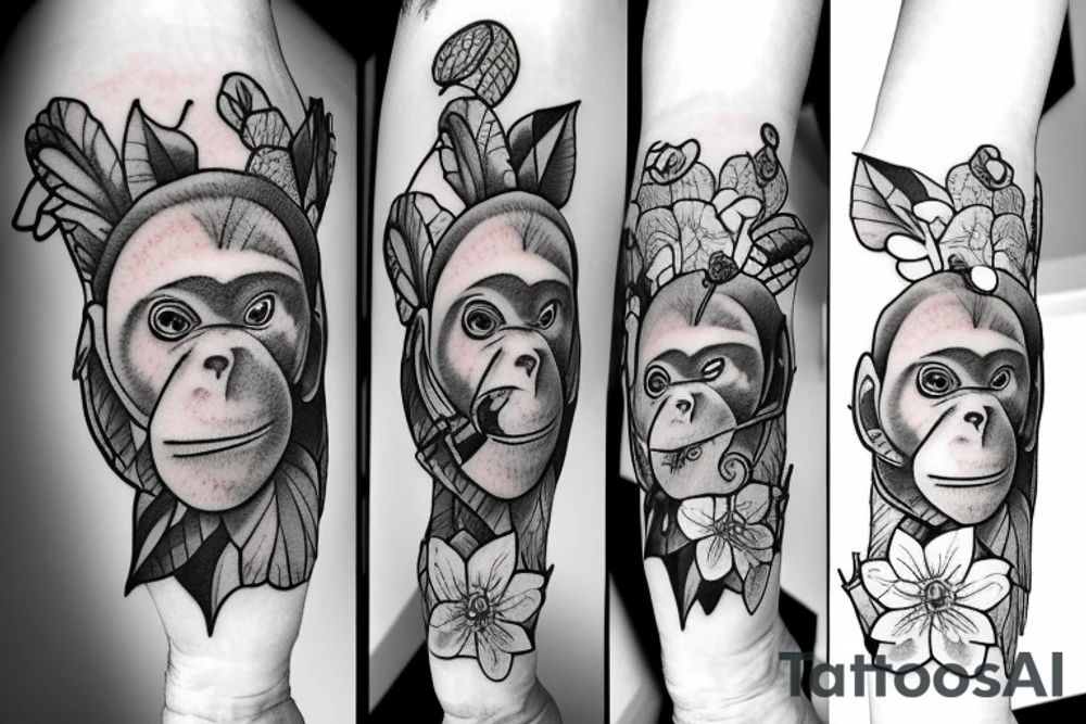 Monkey holding an bouquet of flowers tattoo idea