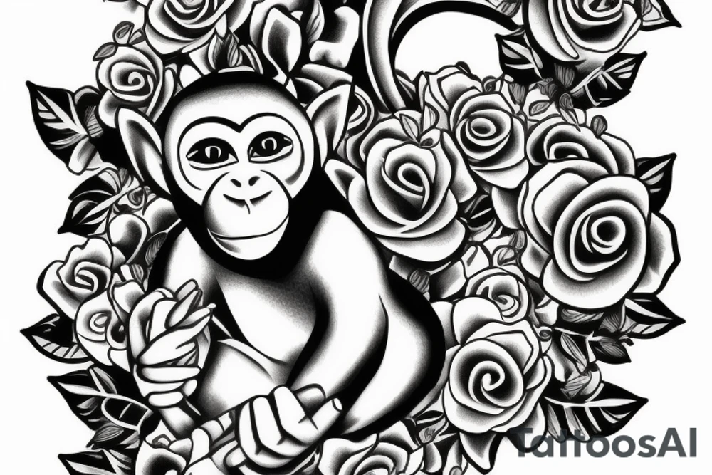 Monkey holding an bouquet of flowers tattoo idea