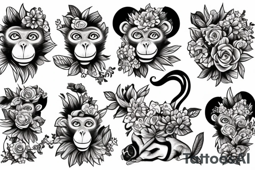 Monkey holding an bouquet of flowers tattoo idea