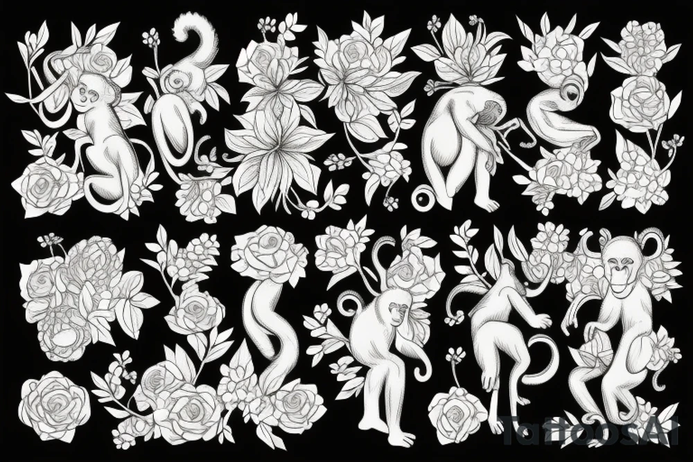 Monkey holding an bouquet of flowers tattoo idea