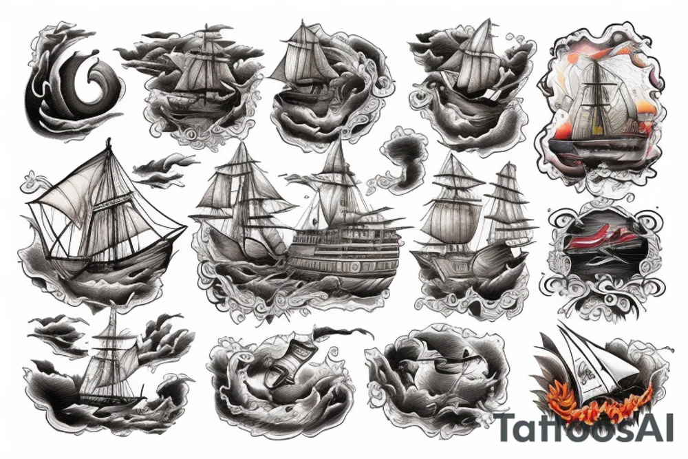 Spanish ship on fire American traditional style tattoo idea