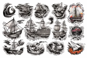 Spanish ship on fire American traditional style tattoo idea