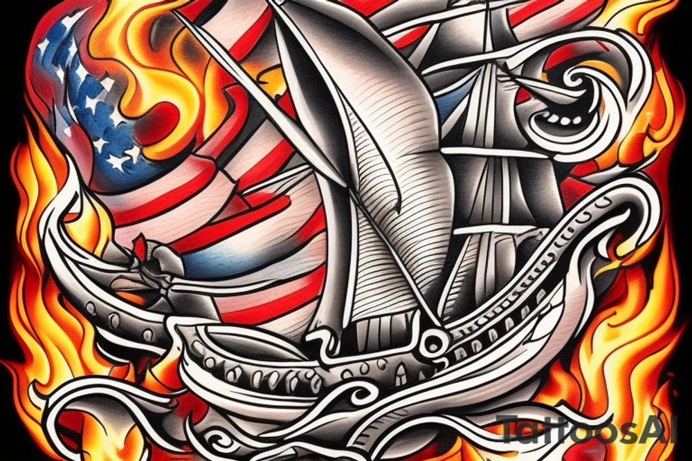 Spanish ship on fire American traditional style tattoo idea