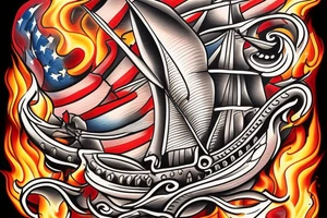 Spanish ship on fire American traditional style tattoo idea