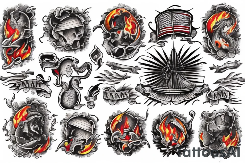 Spanish ship on fire American traditional style tattoo idea