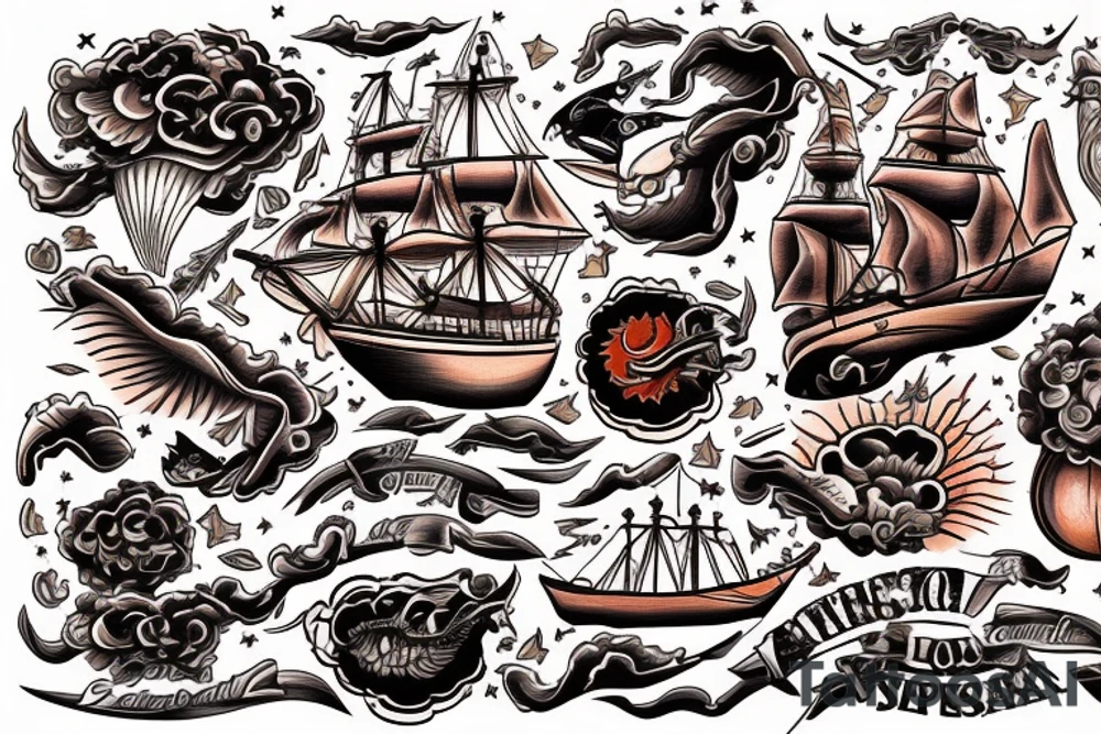 Spanish ship on fire American traditional style tattoo idea