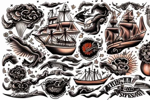 Spanish ship on fire American traditional style tattoo idea