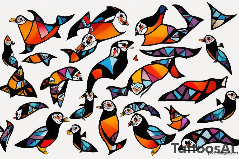 Colorful mola art puffin tattoo idea