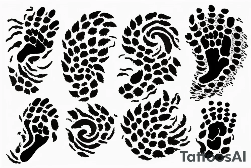 A flame running up and down, with animal footprints of different kinds surrounding it tattoo idea