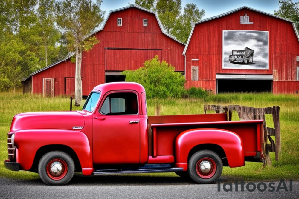 A rustic '53 GMC pickup parked at an angle with an old red barn in the background.  I'd like a setting sun in the background and the sun is shaped like a sunflower tattoo idea