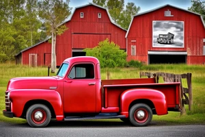 A rustic '53 GMC pickup parked at an angle with an old red barn in the background.  I'd like a setting sun in the background and the sun is shaped like a sunflower tattoo idea