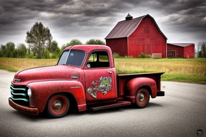 A rustic '53 GMC pickup parked at an angle with an old red barn in the background.  I'd like a setting sun in the background and the sun is shaped like a sunflower tattoo idea