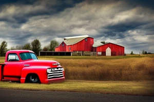 A rustic '53 GMC pickup parked at an angle with an old red barn in the background.  I'd like a setting sun in the background and the sun is shaped like a sunflower tattoo idea