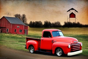 A rustic '53 GMC pickup parked at an angle with an old red barn in the background.  I'd like a setting sun in the background and the sun is shaped like a sunflower tattoo idea