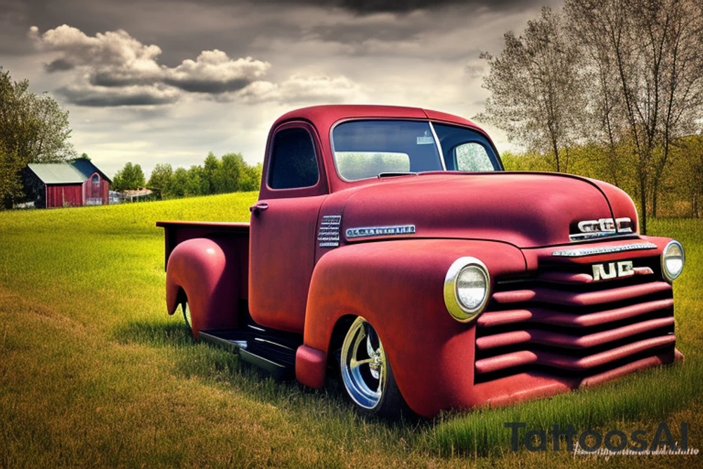 A rustic '53 GMC pickup parked at an angle with an old red barn in the background.  I'd like a setting sun in the background and the sun is shaped like a sunflower tattoo idea