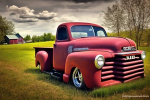 A rustic '53 GMC pickup parked at an angle with an old red barn in the background.  I'd like a setting sun in the background and the sun is shaped like a sunflower tattoo idea