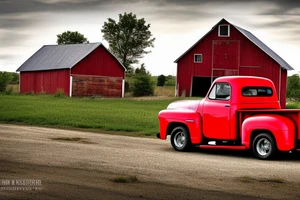 A rustic '53 GMC pickup parked at an angle with an old red barn in the background.  I'd like a setting sun in the background and the sun is shaped like a sunflower tattoo idea