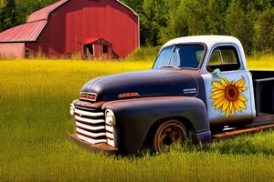 A rustic '53 GMC pickup parked at an angle with an old red barn in the background.  I'd like a setting sun in the background and the sun is shaped like a sunflower tattoo idea