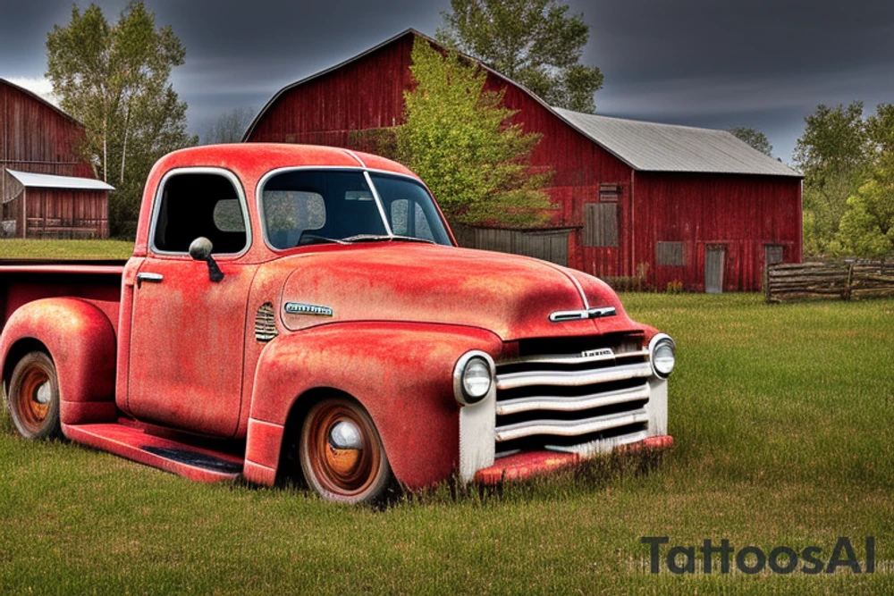 A rustic '53 GMC pickup parked at an angle with an old red barn in the background.  I'd like a setting sun in the background and the sun is shaped like a sunflower tattoo idea