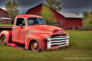 A rustic '53 GMC pickup parked at an angle with an old red barn in the background.  I'd like a setting sun in the background and the sun is shaped like a sunflower tattoo idea