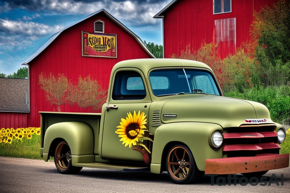 A rustic '53 GMC pickup parked at an angle with an old red barn in the background.  I'd like a setting sun in the background and the sun is shaped like a sunflower tattoo idea
