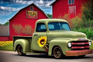 A rustic '53 GMC pickup parked at an angle with an old red barn in the background.  I'd like a setting sun in the background and the sun is shaped like a sunflower tattoo idea