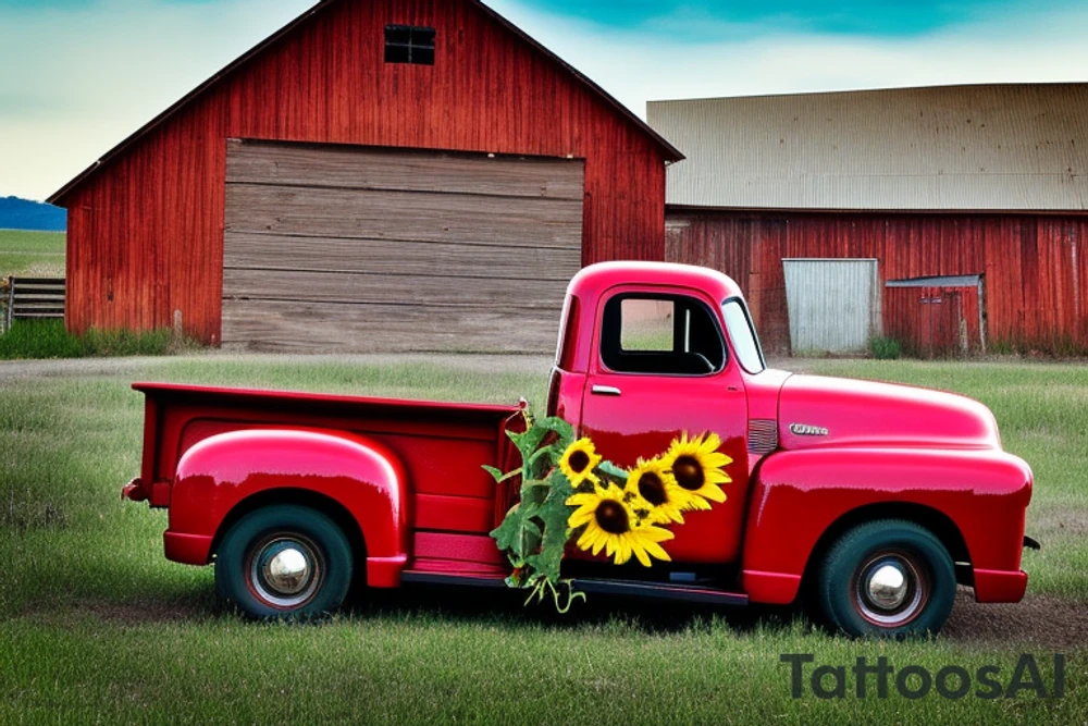 A rustic '53 GMC pickup parked at an angle with an old red barn in the background.  I'd like a setting sun in the background and the sun is shaped like a sunflower tattoo idea