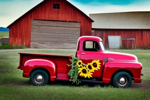 A rustic '53 GMC pickup parked at an angle with an old red barn in the background.  I'd like a setting sun in the background and the sun is shaped like a sunflower tattoo idea