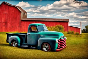 A rustic '53 GMC pickup parked at an angle with an old red barn in the background. tattoo idea