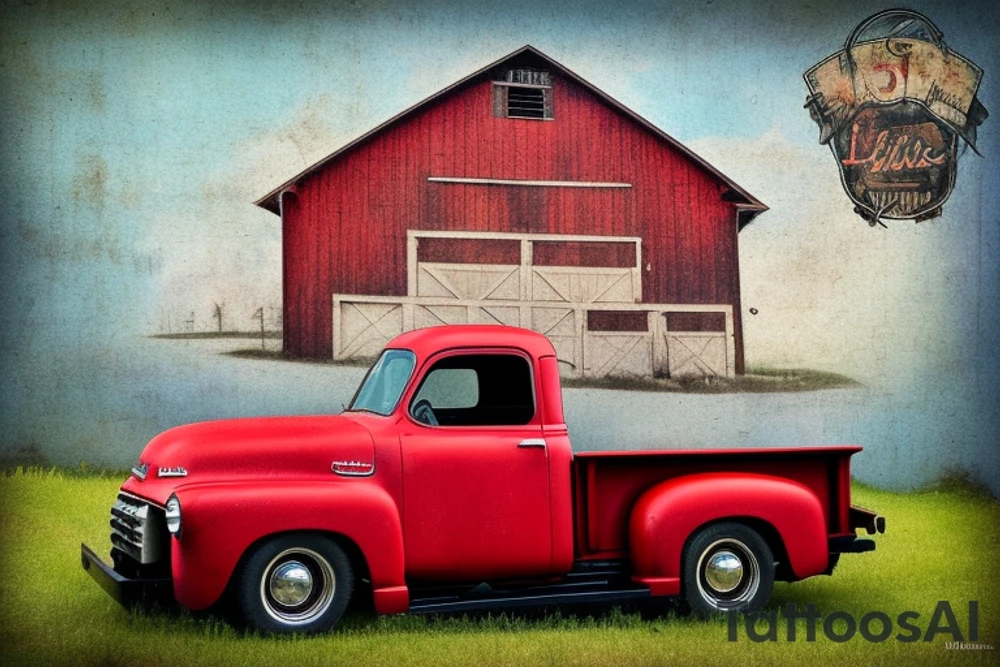 A rustic '53 GMC pickup parked at an angle with an old red barn in the background. tattoo idea