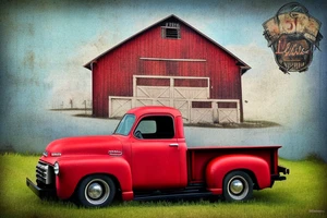 A rustic '53 GMC pickup parked at an angle with an old red barn in the background. tattoo idea