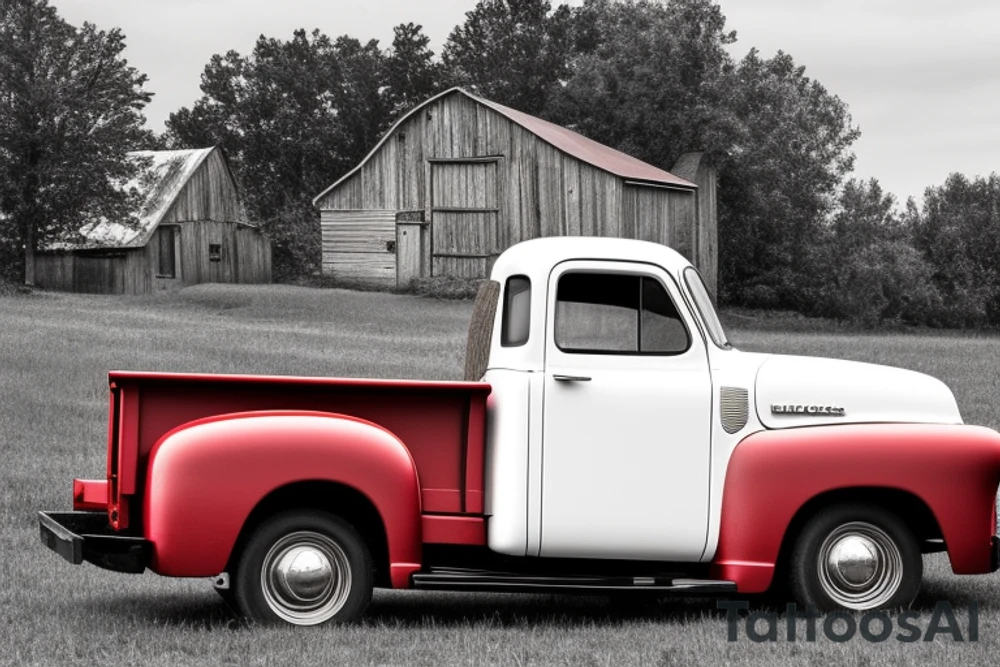 A rustic '53 GMC pickup parked at an angle with an old red barn in the background. tattoo idea