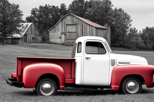 A rustic '53 GMC pickup parked at an angle with an old red barn in the background. tattoo idea