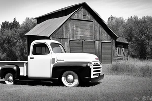 A rustic '53 GMC pickup parked at an angle with an old red barn in the background. tattoo idea