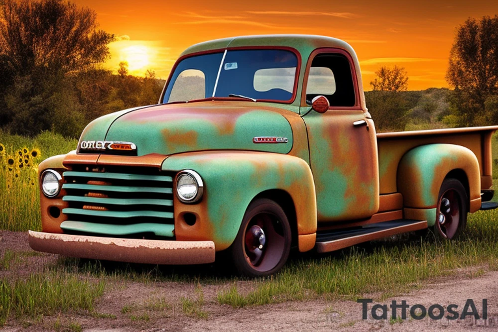 A rustic '53 GMC pickup parked at an angle with the setting sun in the background. The setting sun is shaped like a sunflower. tattoo idea