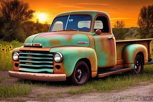 A rustic '53 GMC pickup parked at an angle with the setting sun in the background. The setting sun is shaped like a sunflower. tattoo idea