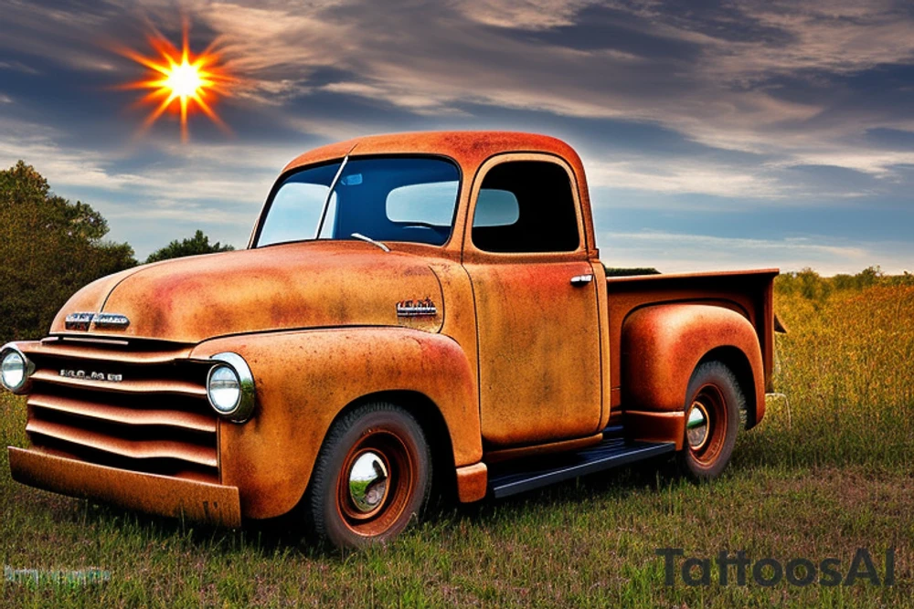 A rustic '53 GMC pickup parked at an angle with the setting sun in the background. The setting sun is shaped like a sunflower. tattoo idea