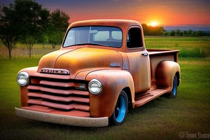 A rustic '53 GMC pickup parked at an angle with the setting sun in the background. The setting sun is shaped like a sunflower. tattoo idea