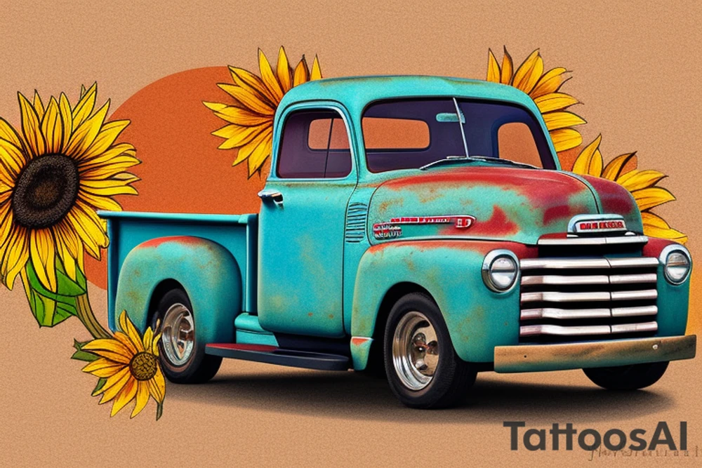 A rustic '53 GMC pickup parked at an angle with the setting sun in the background. The setting sun is shaped like a sunflower. tattoo idea