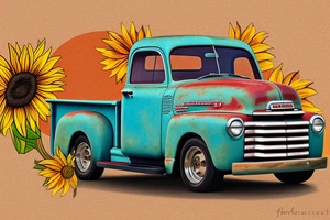 A rustic '53 GMC pickup parked at an angle with the setting sun in the background. The setting sun is shaped like a sunflower. tattoo idea