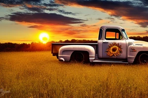 A rustic '53 5-window GMC pickup parked at an angle with the setting sun in the background. The setting sun is shaped like a sunflower. tattoo idea