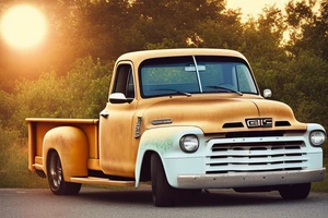 A rustic '53 5-window GMC pickup parked at an angle with the setting sun in the background. The setting sun is shaped like a sunflower. tattoo idea